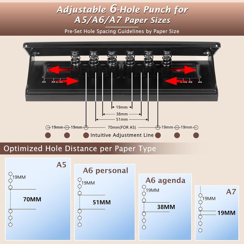 Zofly All Metal Adjustable 6-Hole Paper Puncher, A5 A6 A7 6 Ring Punch with Positioning Mark, 6 Sheet Capacities Puncher for Dairy Planner, Personal, Agenda, Binder Refill Pages (Black) - Image 4